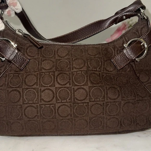 Salvatore Ferragamo Gancini Shoulder Bag/Brown Monogram Canvas/Authentic bag - Picture 14 of 16